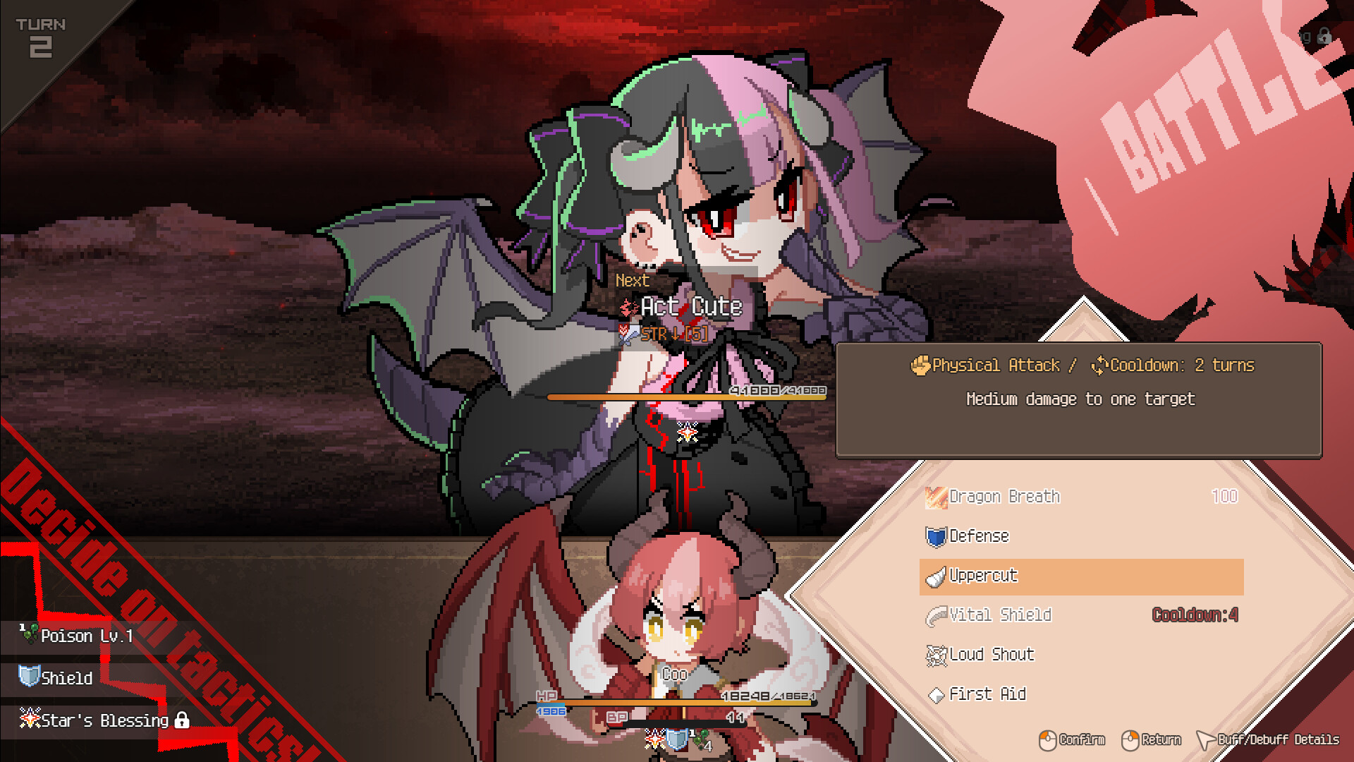 Turn-based battle screen showing Coo's four equipped skills and an enemy forecast